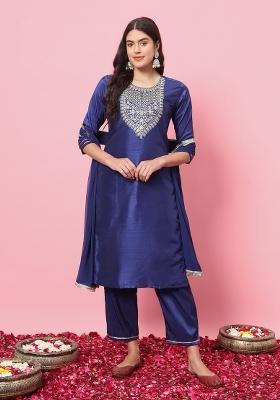 Royal Blue Embroidered Silk Blend Salwar Kameez With Dupatta