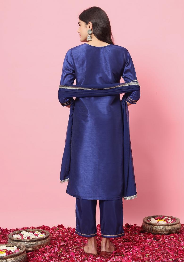 Royal Blue Embroidered Silk Blend Salwar Kameez With Dupatta