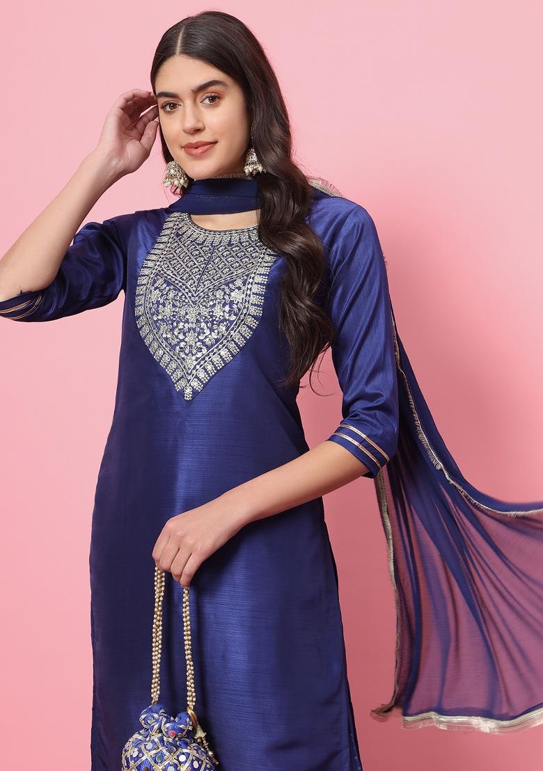 Royal Blue Embroidered Silk Blend Salwar Kameez With Dupatta