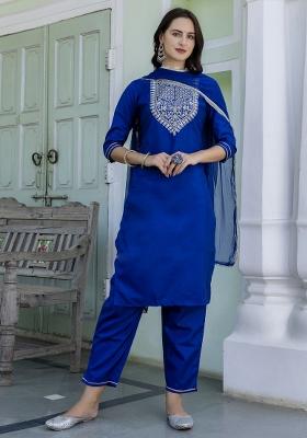Blue Embroidered Silk Blend Salwar Kameez With Dupatta