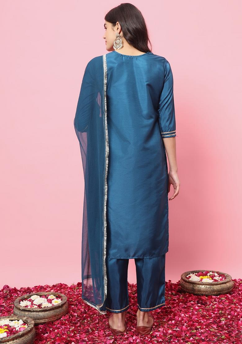 Teal Blue Embroidered Silk Blend Salwar Kameez With Dupatta
