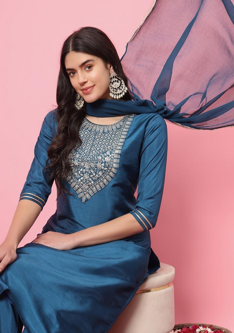 Teal Blue Embroidered Silk Blend Salwar Kameez With Dupatta