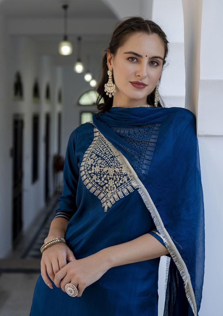 Blue Embroidered Silk Blend Salwar Kameez With Dupatta