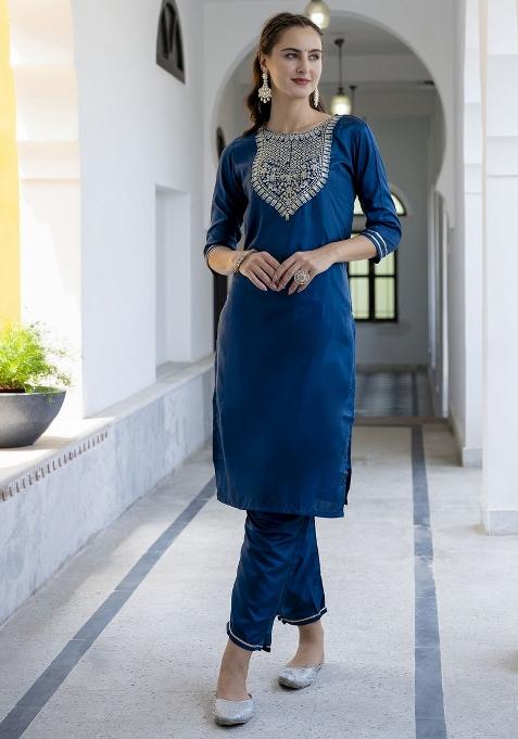 Blue Embroidered Silk Blend Salwar Kameez With Dupatta
