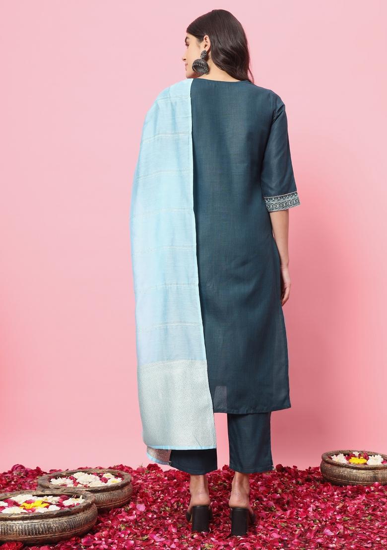 Teal Blue Embroidered Cotton Blend Salwar Kameez With Dupatta