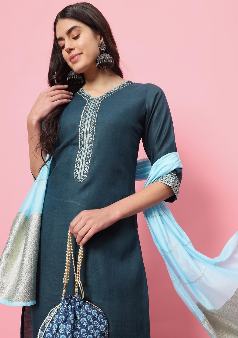 Teal Blue Embroidered Cotton Blend Salwar Kameez With Dupatta