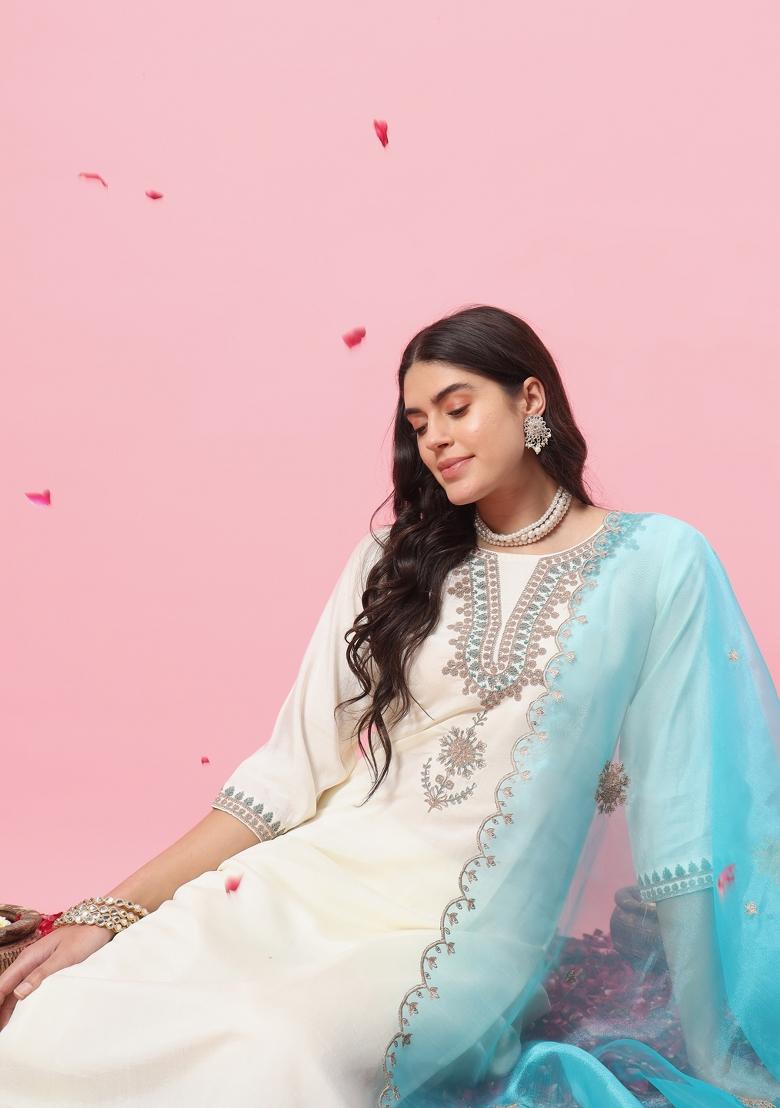 White Embroidered Silk Blend Salwar Kameez With Dupatta