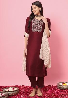 Maroon Embroidered Silk Blend Salwar Kameez With Dupatta