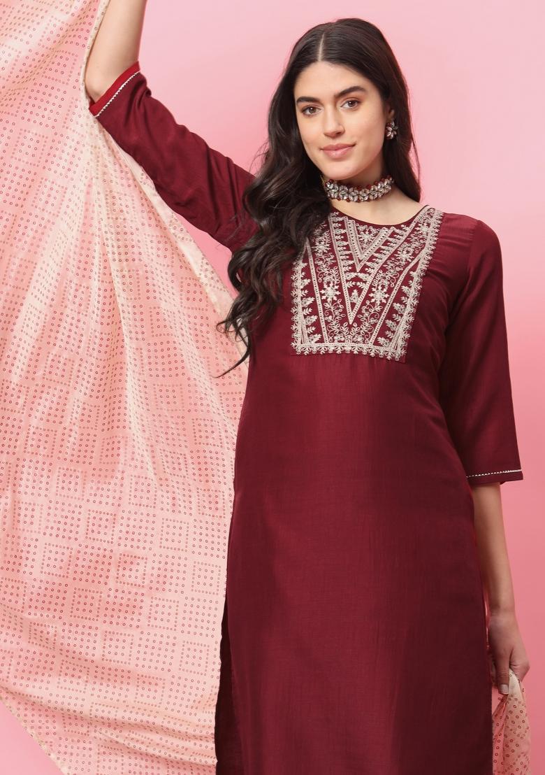 Maroon Embroidered Silk Blend Salwar Kameez With Dupatta