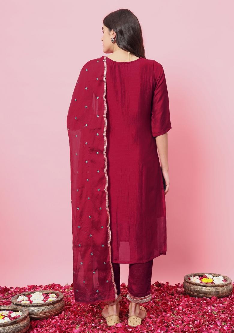 Pink Embroidered Silk Blend Salwar Kameez With Dupatta
