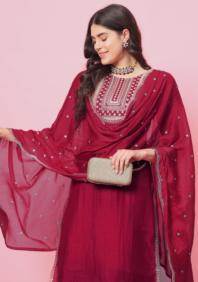 Pink Embroidered Silk Blend Salwar Kameez With Dupatta