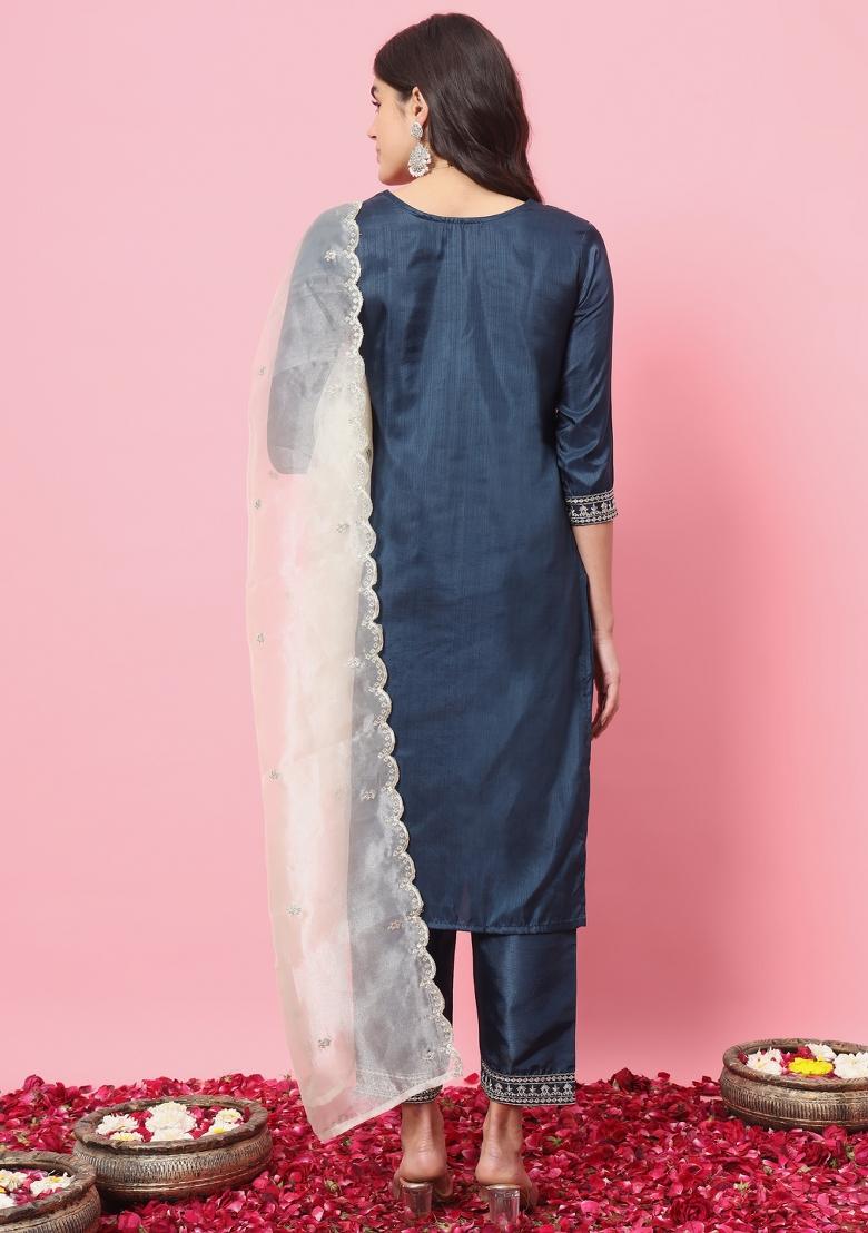 Teal Blue Embroidered Silk Blend Salwar Kameez With Dupatta