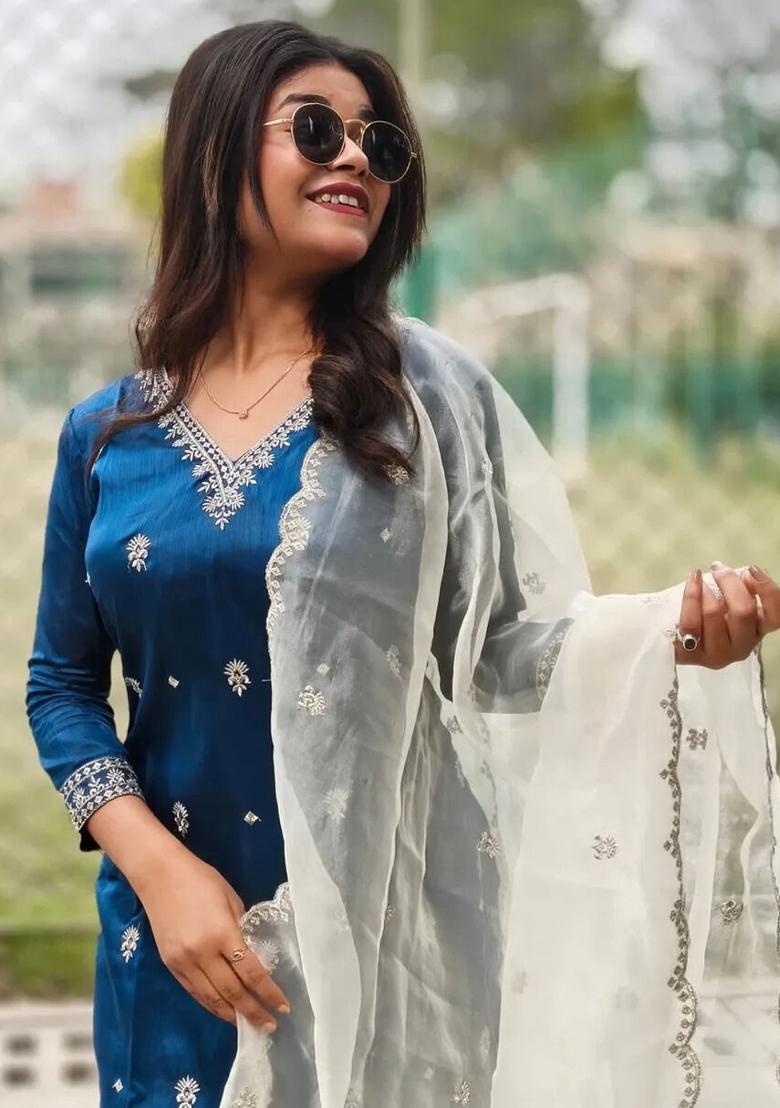 Teal Blue Embroidered Silk Blend Salwar Kameez With Dupatta