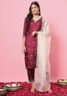 Cherry Red Embroidered Silk Blend Salwar Kameez With Dupatta