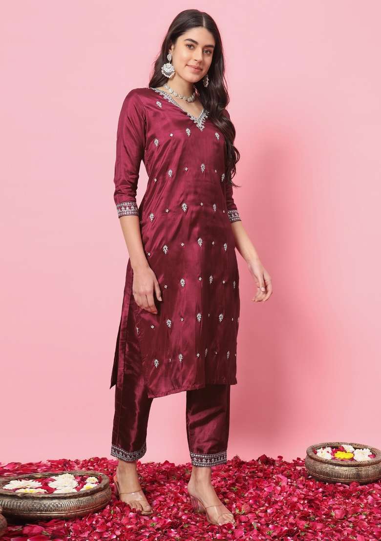 Cherry Red Embroidered Silk Blend Straight Kurta Set - Indya