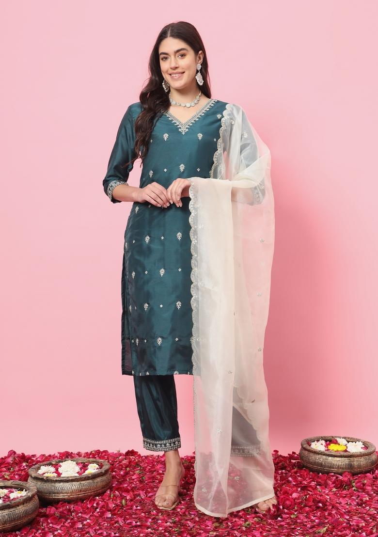 Green Embroidered Silk Blend Salwar Kameez With Dupatta