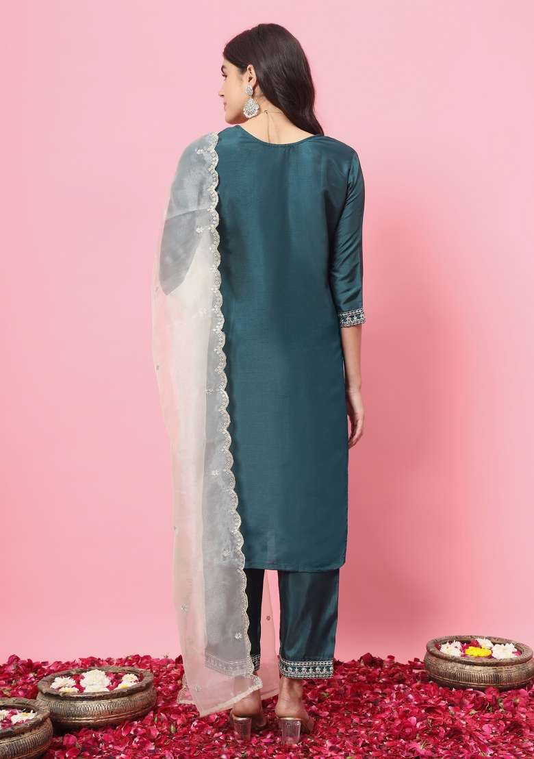 Green Embroidered Blended Straight Kurta Set - Indya