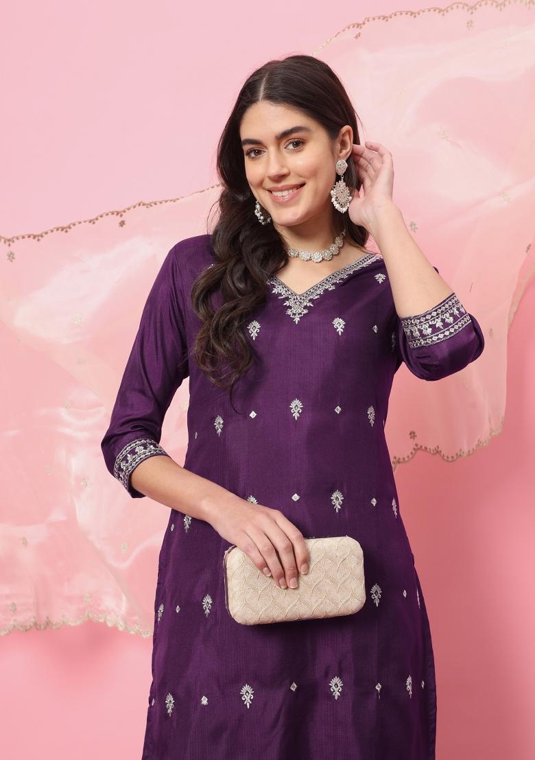 Purple Embroidered Silk Blend Salwar Kameez With Dupatta