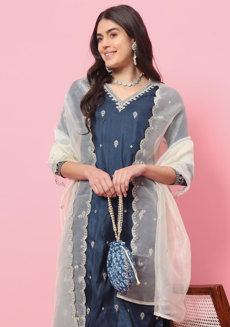 Teal Blue Embroidered Silk Blend Salwar Kameez With Dupatta