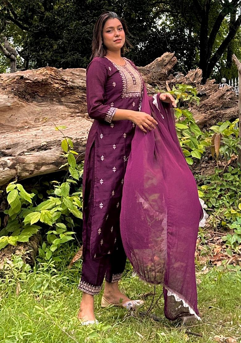 Purple Embroidered Silk Blend Salwar Kameez With Dupatta