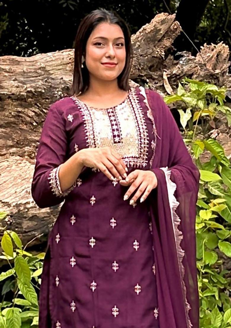 Purple Embroidered Silk Blend Salwar Kameez With Dupatta