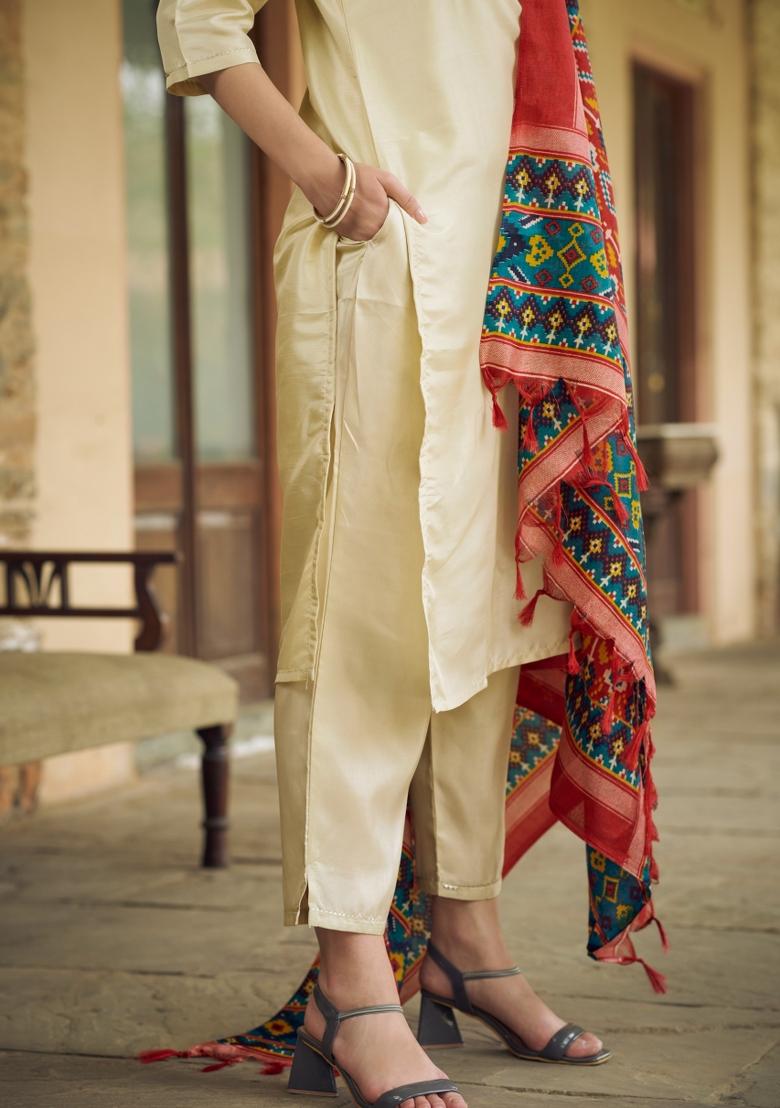 Beige Embroidered Silk Blend Salwar Kameez With Dupatta