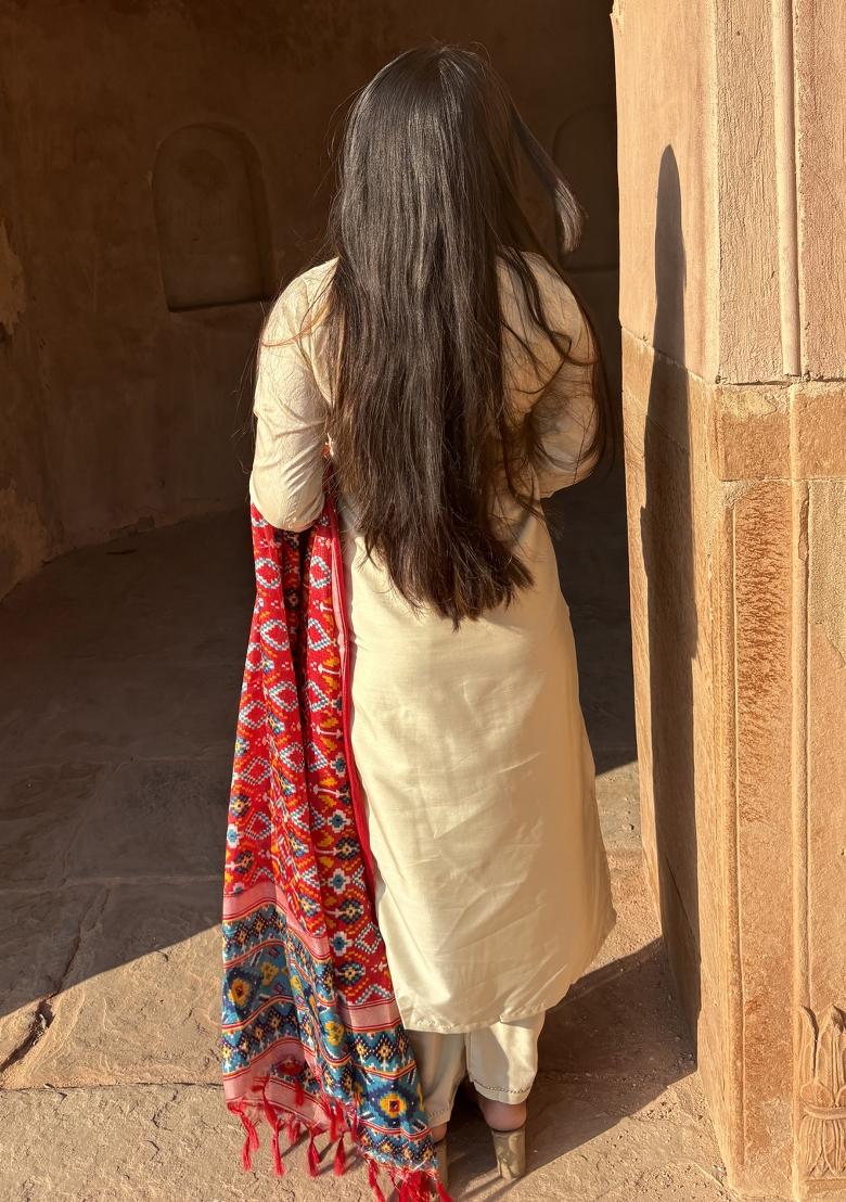 Beige Embroidered Silk Blend Salwar Kameez With Dupatta