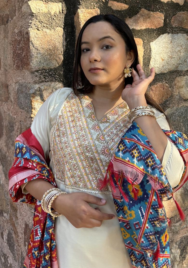 Beige Embroidered Silk Blend Salwar Kameez With Dupatta