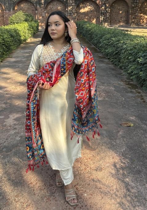 Beige Embroidered Blended Straight Kurta Set