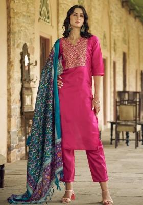 Pink Embroidered Silk Blend Salwar Kameez With Dupatta