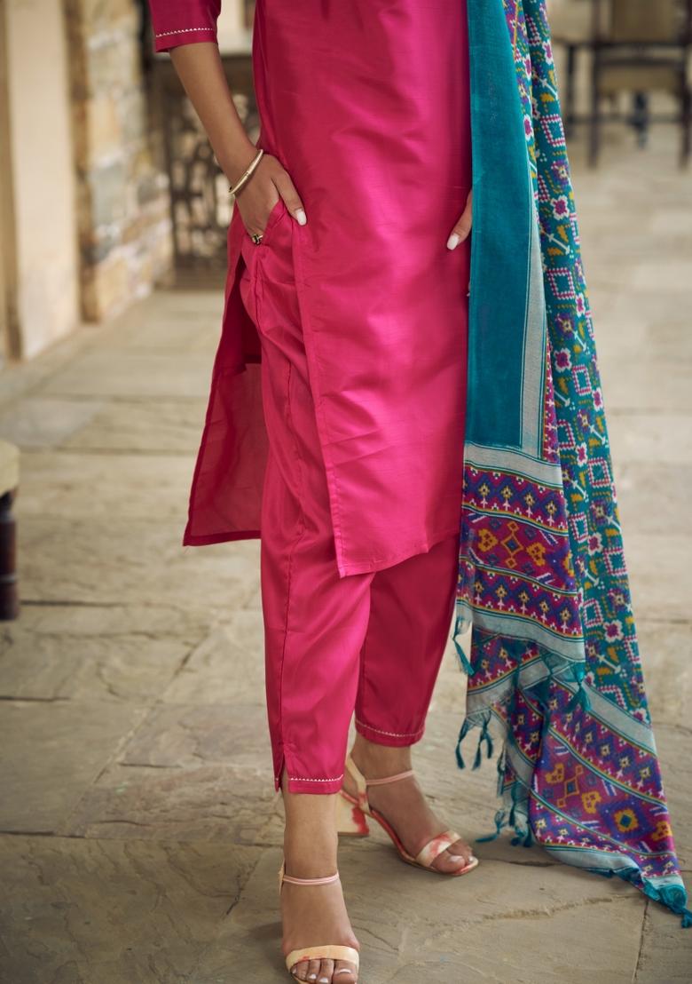 Pink Embroidered Silk Blend Salwar Kameez With Dupatta