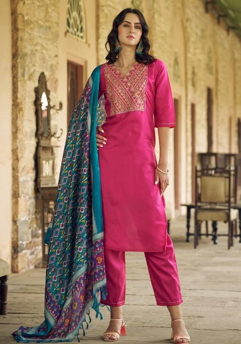 Pink Embroidered Silk Blend Salwar Kameez With Dupatta