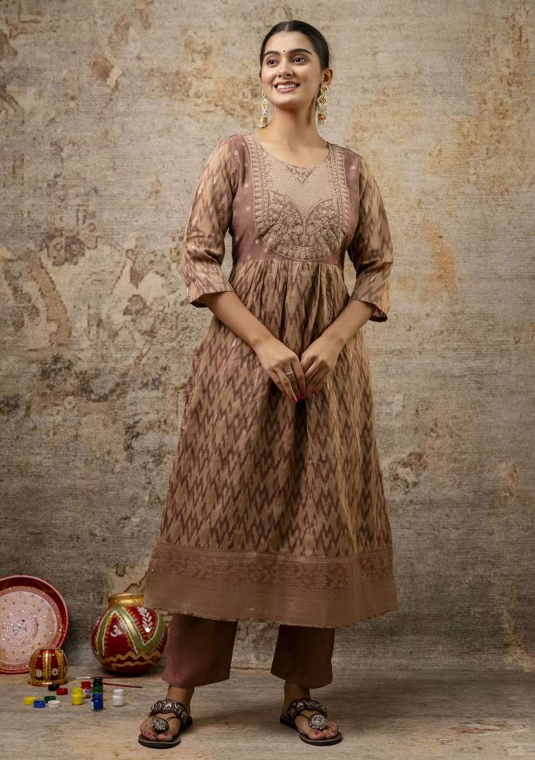 Coco Brown Printed Cotton A Line Kurta Set - Indya