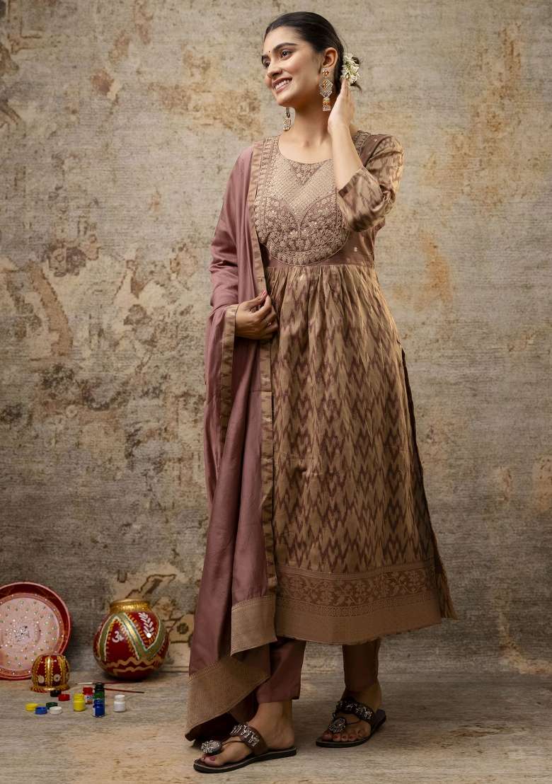 Coco Brown Printed Cotton A Line Kurta Set - Indya