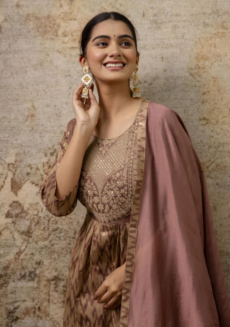 Coco Brown Embroidered Cotton Blend Salwar Kameez With Dupatta