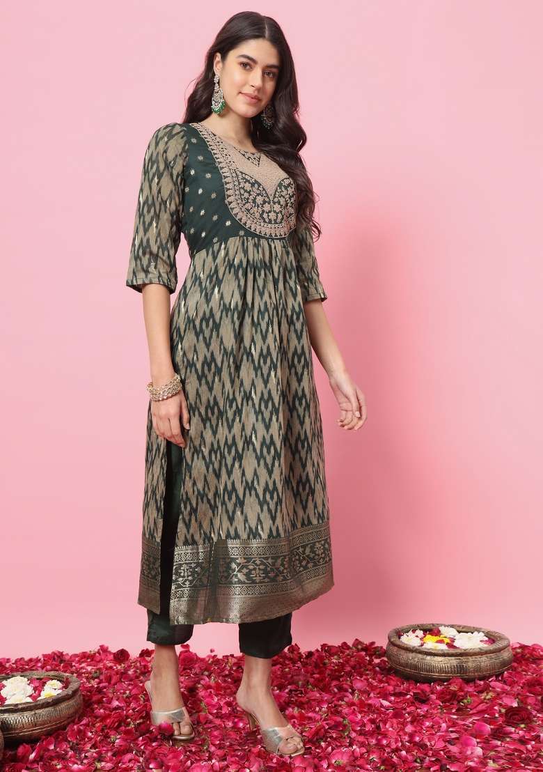Green Printed Blended A Line Kurta Set - Indya