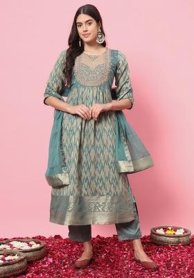 Light Blue Embroidered Cotton Blend Salwar Kameez With Dupatta