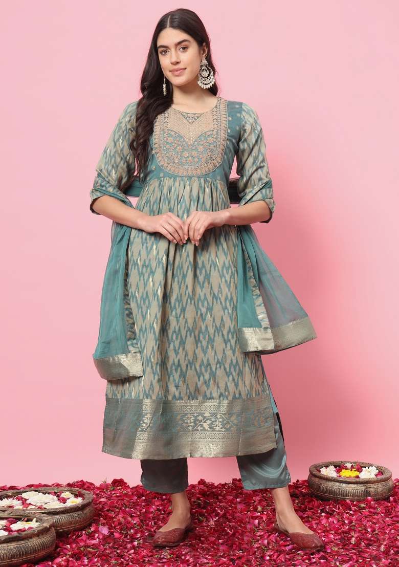 Light Blue Printed Cotton A Line Kurta Set - Indya