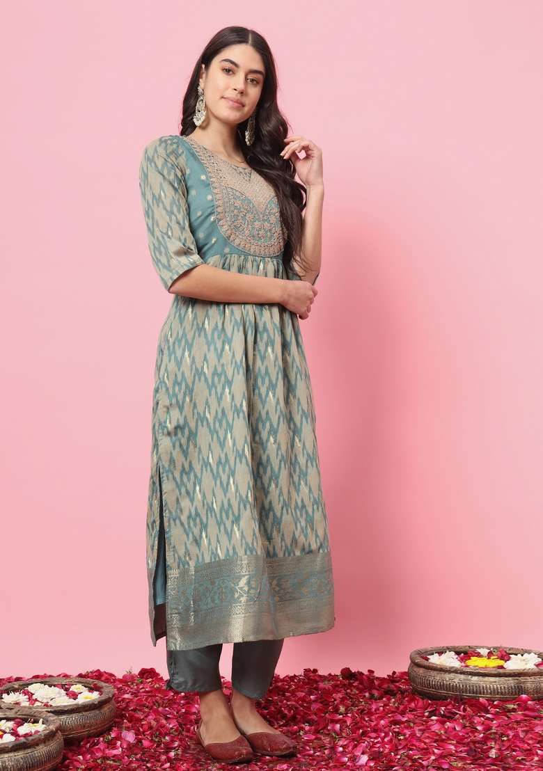 Light Blue Printed Cotton A Line Kurta Set - Indya
