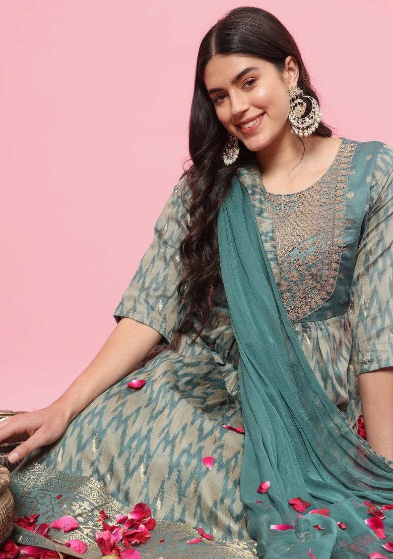 Light Blue Embroidered Cotton Blend Salwar Kameez With Dupatta