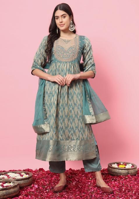 Light Blue Embroidered Cotton Blend Salwar Kameez With Dupatta