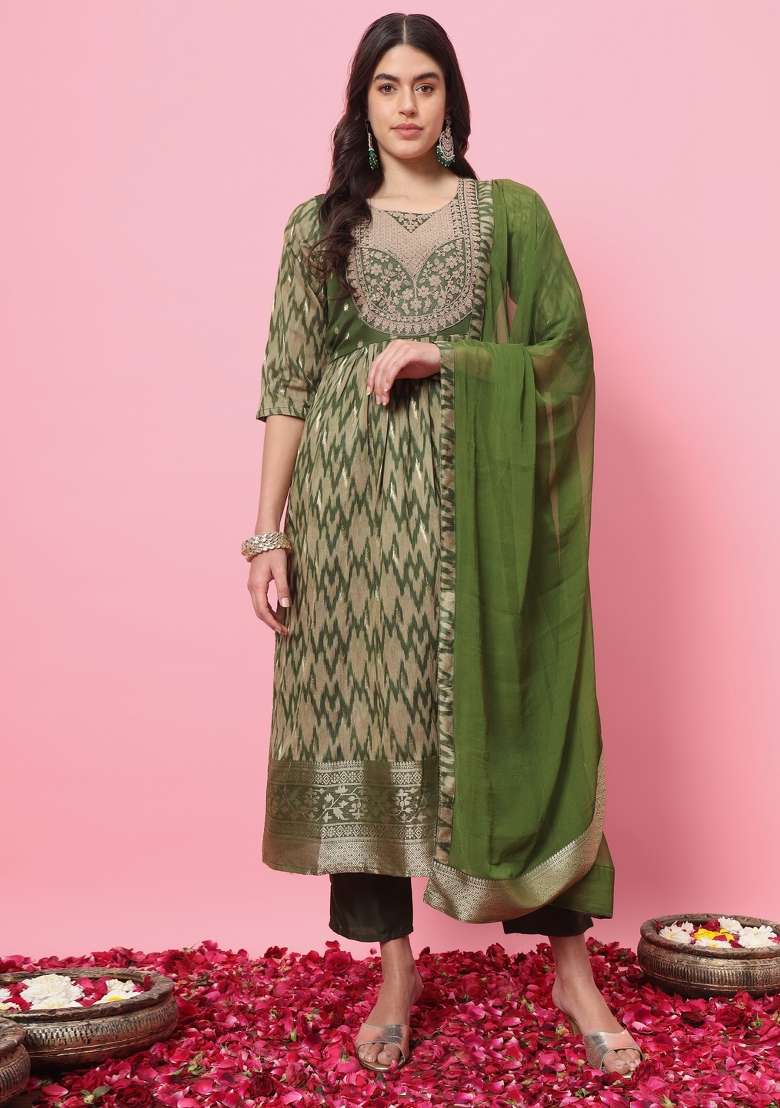Mehendi Green Printed Cotton A Line Kurta Set - Indya