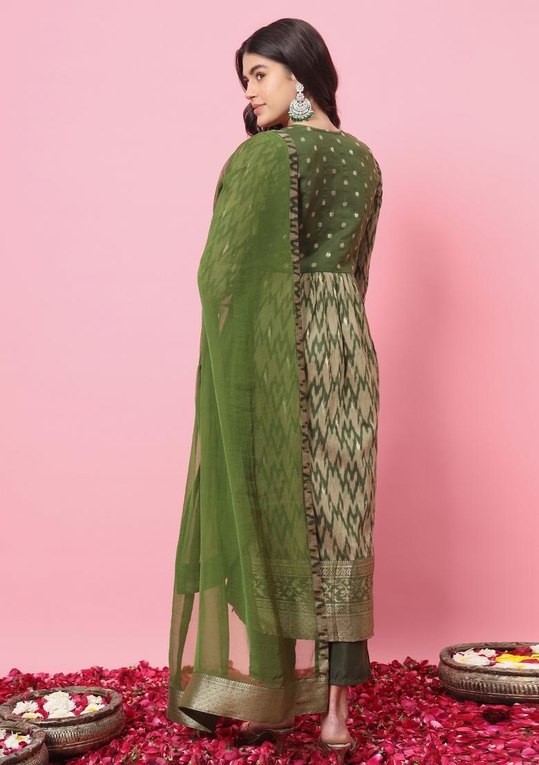 Mehendi Green Embroidered Cotton Blend Salwar Kameez With Dupatta