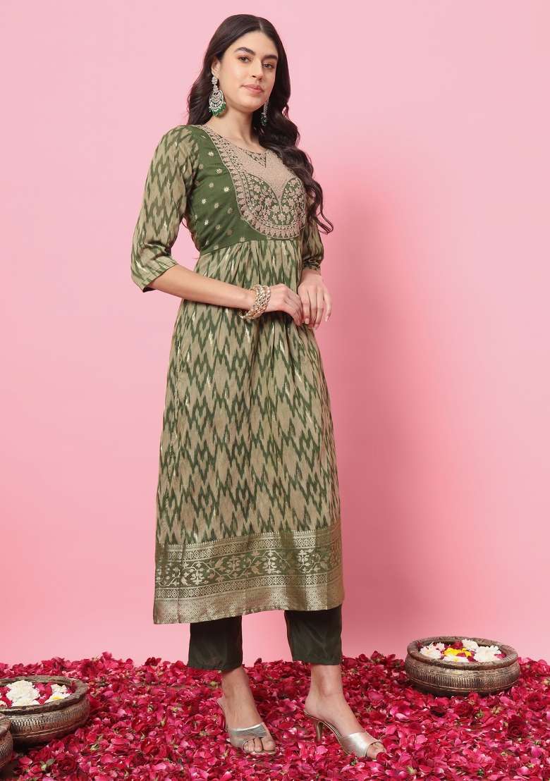Mehendi Green Printed Cotton A Line Kurta Set - Indya