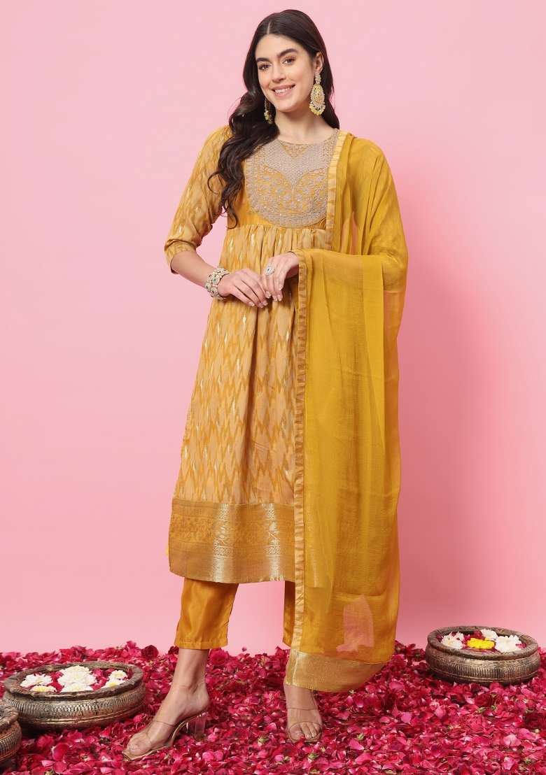 Mustard Yellow Printed Cotton A Line Kurta Set - Indya