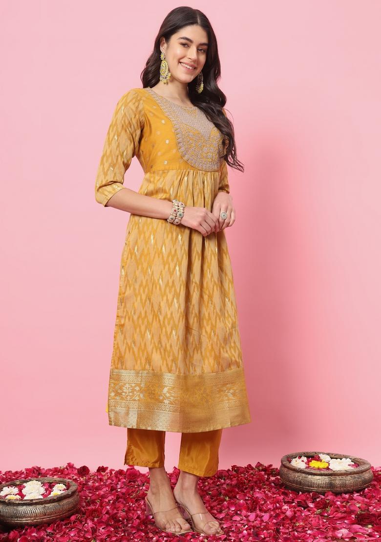 Mustard Yellow Embroidered Cotton Blend Salwar Kameez With Dupatta