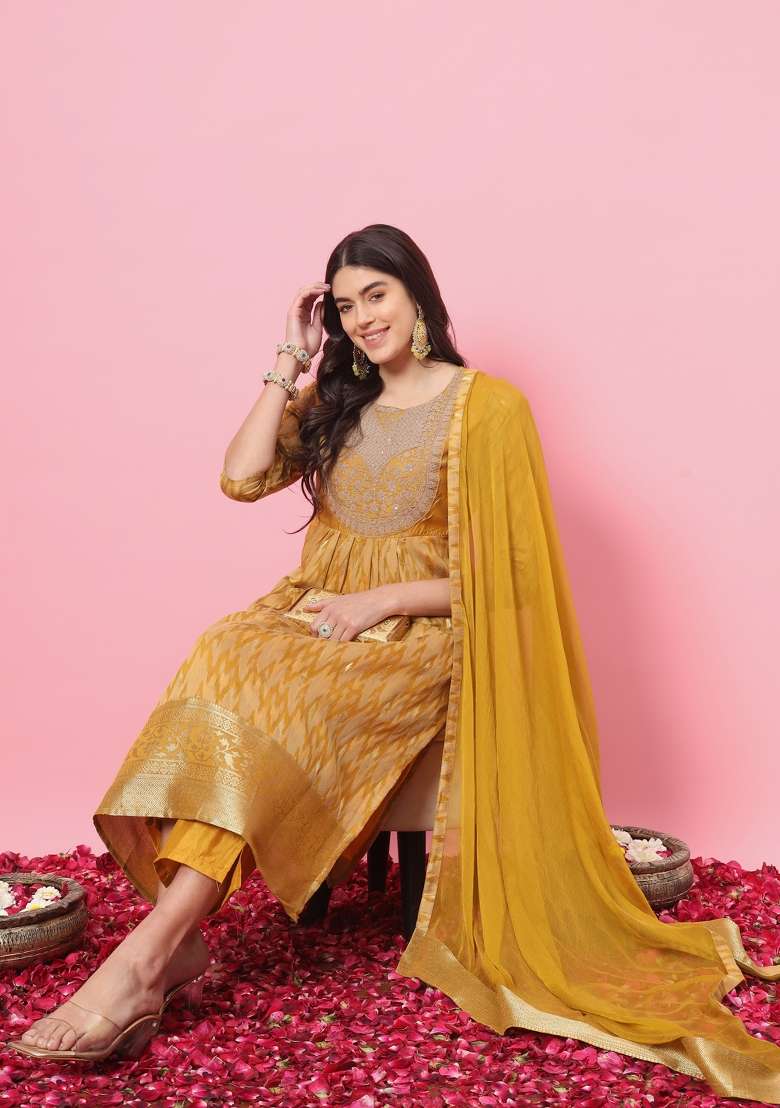 Mustard Yellow Printed Cotton A Line Kurta Set - Indya