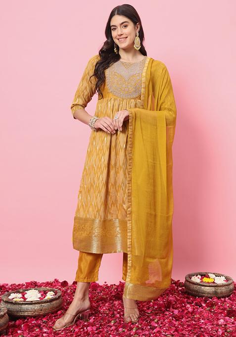 Mustard Yellow Embroidered Cotton Blend Salwar Kameez With Dupatta