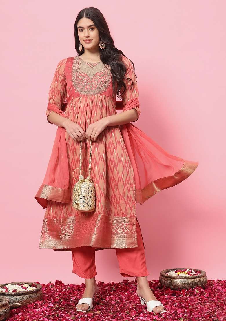Peach Printed Blended A Line Kurta Set - Indya