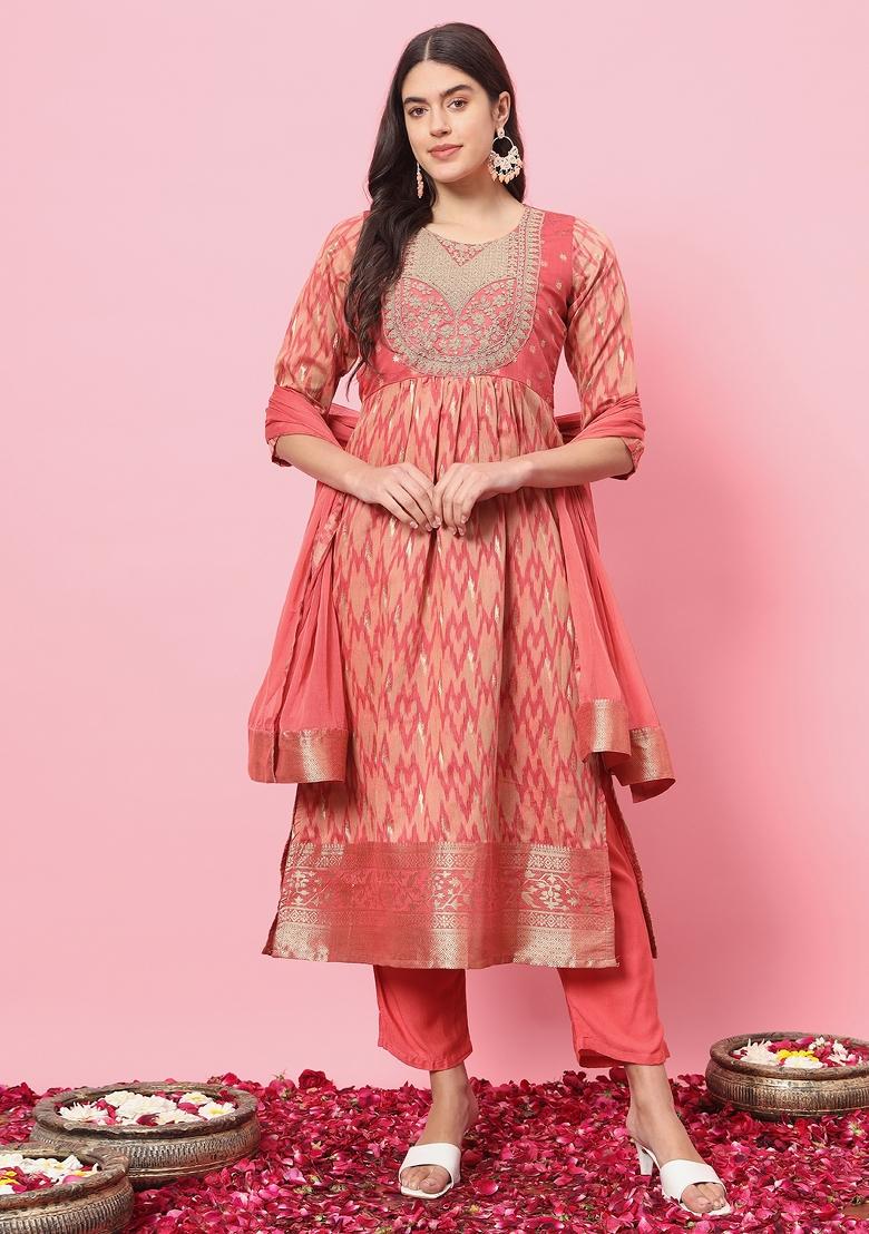 Peach Embroidered Cotton Blend Salwar Kameez With Dupatta
